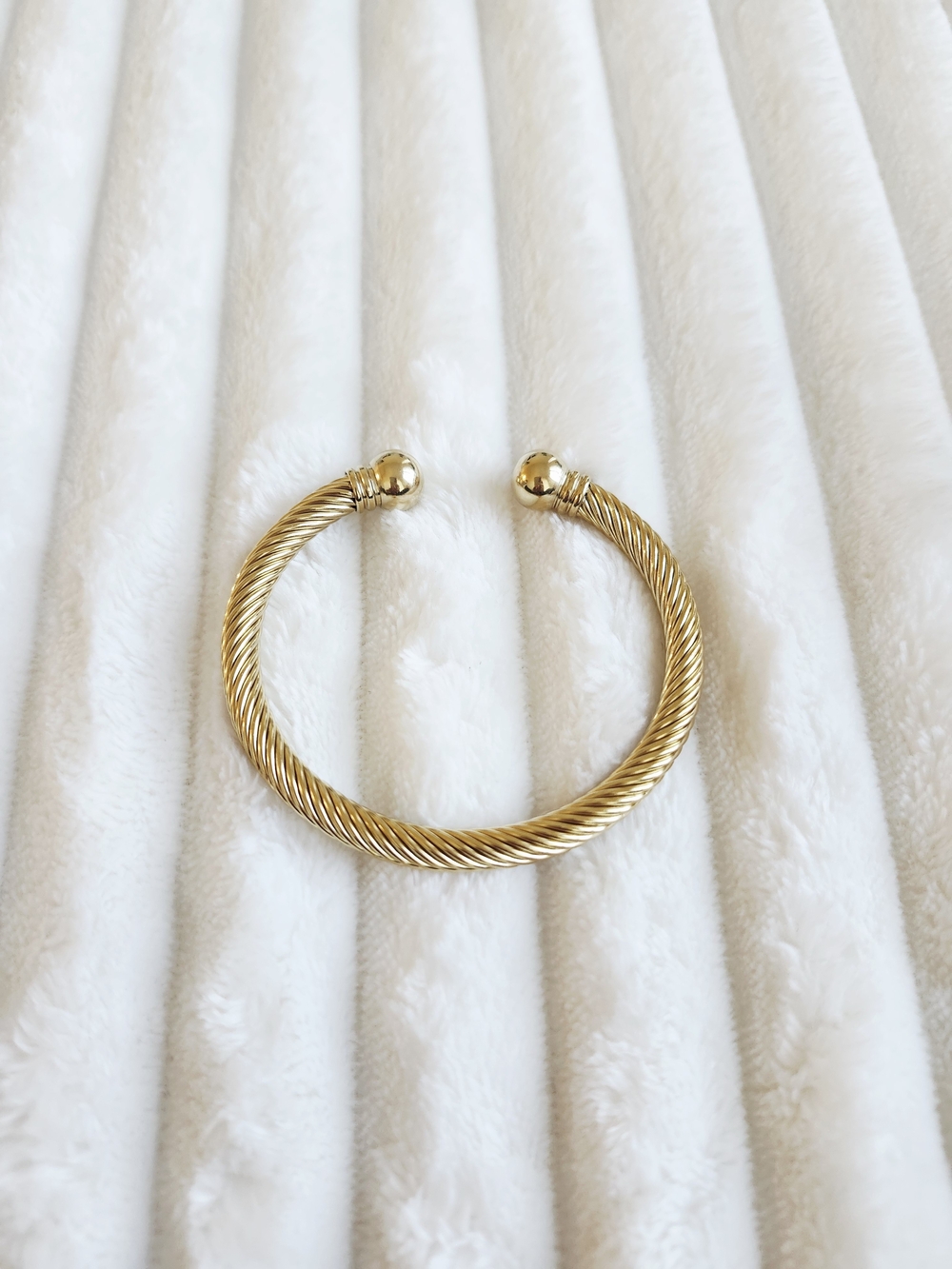 Gold Tone Cable Cuff Bracelet Twisted Rope Design Ball Ends Open Bangle
